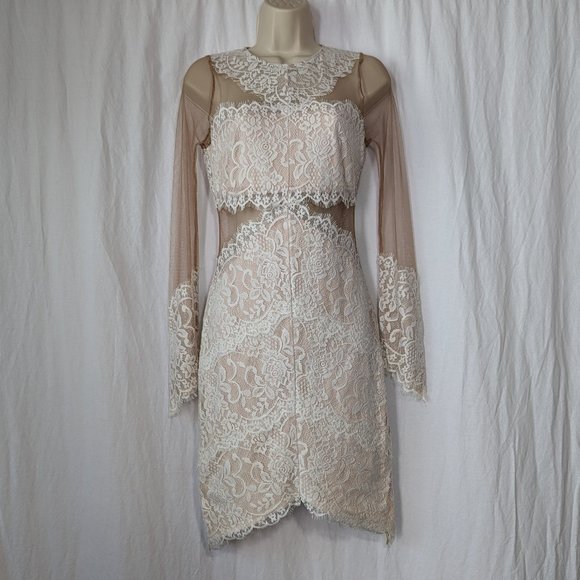 Lace Nude Mesh Midi Dress Size Small - Picture 1 of 11